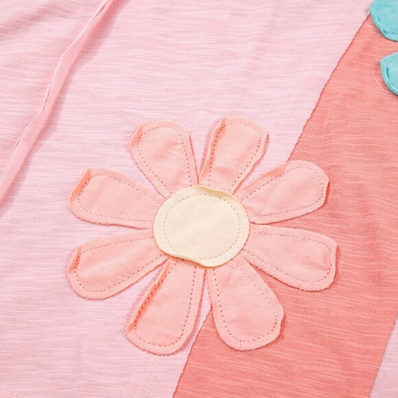 B295 Pink Flower Patched Exposed Seam 3/4 Sleeve Top - Picture 6 of 9